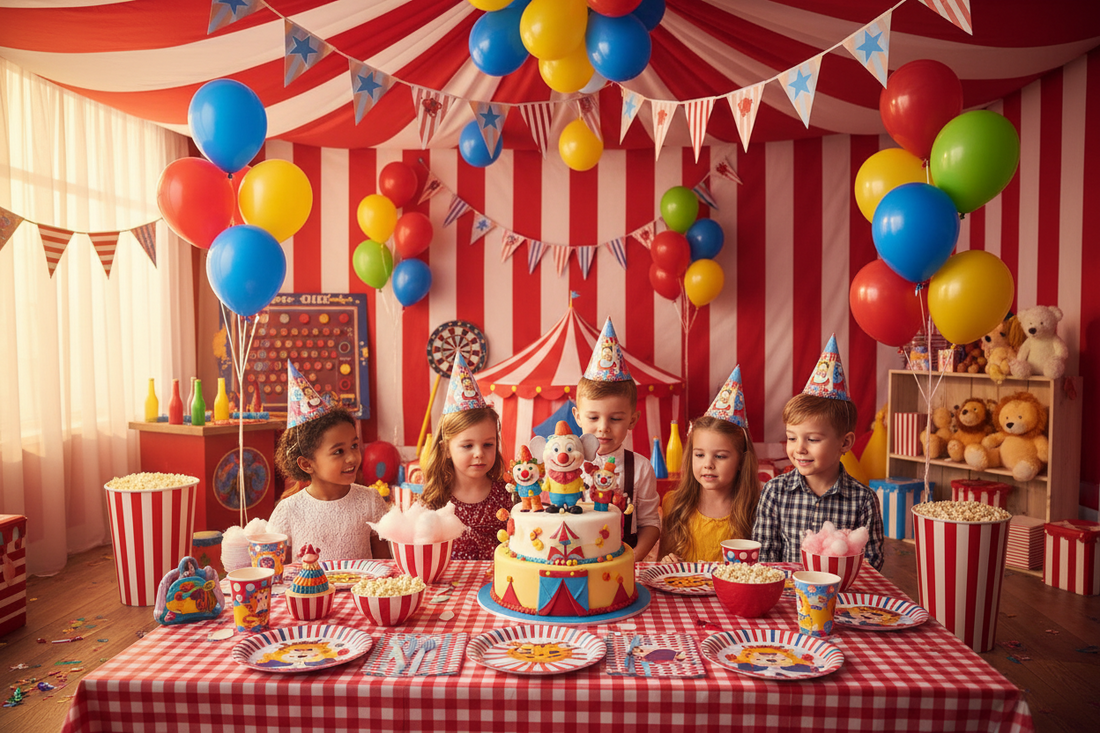 circus themed birthday party games for kids with colorful carnival setup and DIY game stations