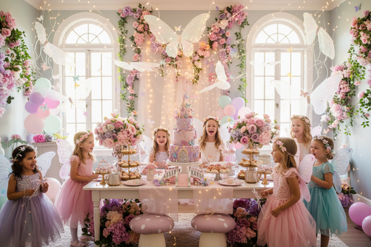 Fairy garden birthday games for kids with magical party setup, pastel decorations, and fun fairy-themed activities