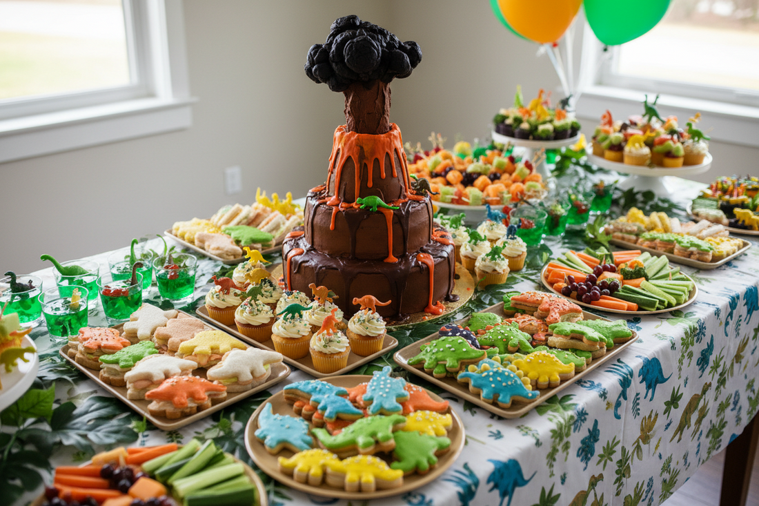 Dinosaur themed birthday party food table with snacks, desserts, candy bar, and drink ideas for kids party