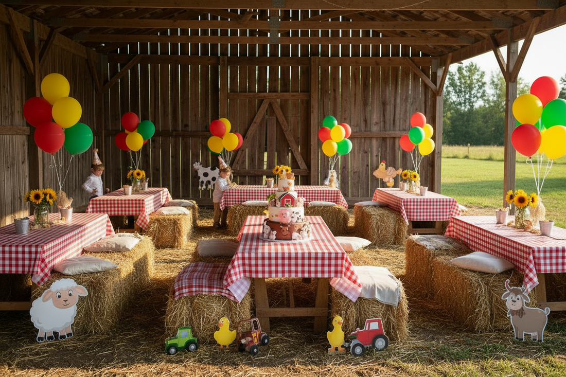 kids playing fun farm themed birthday party games with cow, pig and barn decorations outdoors