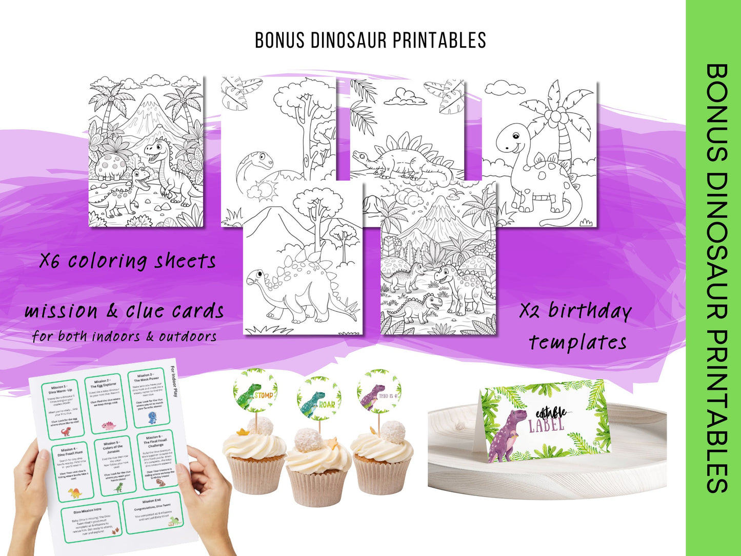 Free Dinosaur Printables - Includes Dinosaur Scavenger Hunt Mission & Clue Cards Coloring Sheets and Birthday Templates