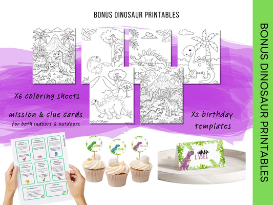 Free Dinosaur Printables - Includes Dinosaur Scavenger Hunt Mission & Clue Cards Coloring Sheets and Birthday Templates