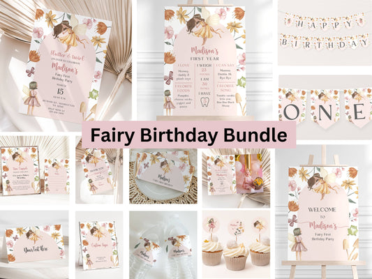 Fairy Birthday Party Bundle Printable Kit for Girls | Enchanted Fairy Garden Party Decorations | Invitation, Welcome Sign, Favor Tags, Cupcake Toppers & Food Labels